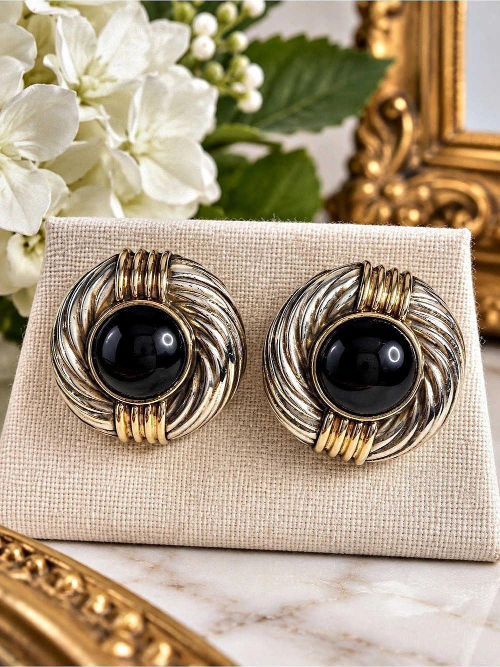 Designer Rigoberto Sterling Silver 14K Gold Onyx Clip-On Earrings Vintage Signed